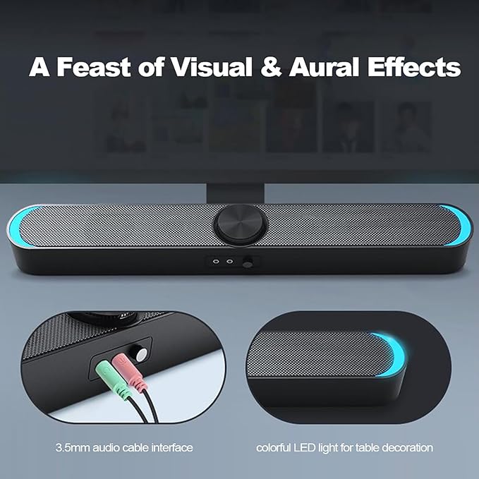 USB Powered Computer Speakers with LED Lights 3.5mm Audio Mic Plug Wired Speaker for PC Cellphone Tablets Desktop Laptop