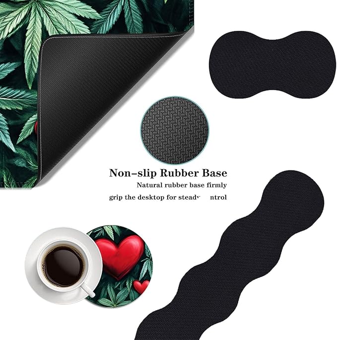 Mouse PadLarge Desk Mat Set 4in1 XL Mousepad + Keyboard Wrist Rest+Mouse Wrist Rest+Coaster with Ergonomic Desk Pad for Home Office Table Computer Cover -Leaves and Red Hearts