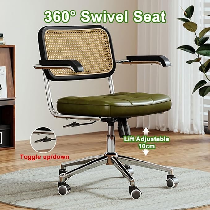 YCKEGEW Leather Padded Home Desk Chair Office Armchair Study Chair with Wheels Hollow Backrest SupportAdjustable Height Computer Work Chair for Office Home(Greem)