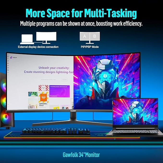 Gawfolk 34 Inch Ultrawide Curved Gaming Monitor 1500R PC Screen UWQHD 3440x1440 165hz Curved Computer Screen with FreeSync Multi-Directional Adjustable Base