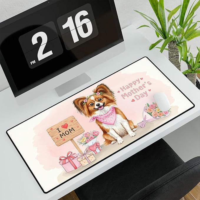 Happy Mother's Day Papillon Love Dog Mom Heart Flower Desk Mat Full Keyboard Mouse Pad Pap Butterfly Dog Lover Large Mousepad 12004