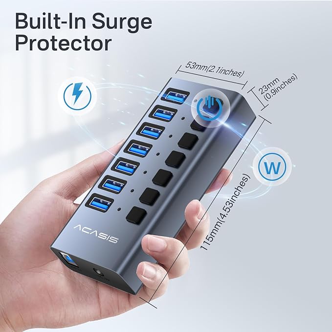 Powered USB 3.2 Hub ACASIS 7 Ports USB 3.2 Hub with 10Gbps Data Speed Aluminum Housing USB Hub Powered with 24W Power Adapter USB Hub for PC/Laptop Computer Flash Drive Printer Camera
