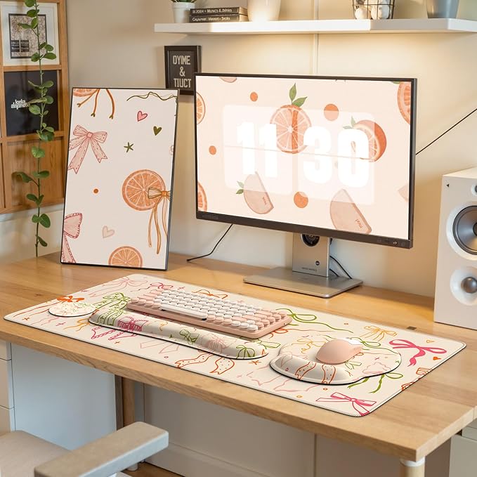 iLeadon Desk Protector Mat Non Slip Long Mouse Pad and Keyboard Wrist Rest Carpal Tunnel Mouse Pad and Computer Wrist Support Soft Ergonomic Keyboard Pad with Wrist Support for Women Office (Bow)