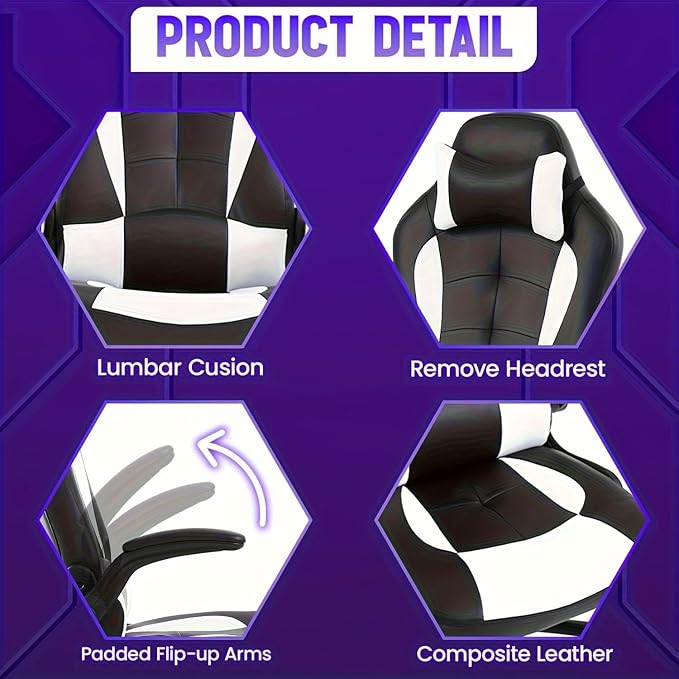 PC Gaming Chair - Ergonomic Height Adjustable Massage Office Chair with 360 Swivel Wide Seat and Headrest - White