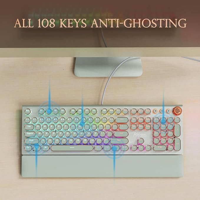 RK ROYAL KLUDGE X108 Typewriter Style Mechanical Keyboard Wired Gaming Keyboard 108 Keys RGB Backlit Sidelight Detachable Wrist Rest Volume Knob Retro Round Keycaps Blue Switches - Green