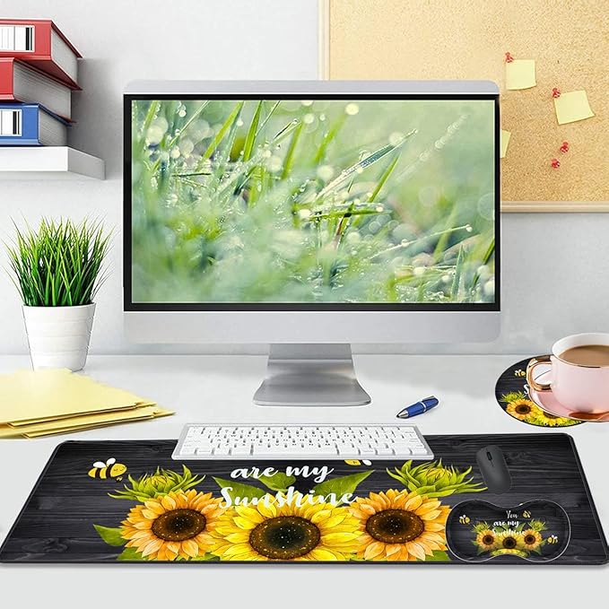 Large Gaming Mouse Pad 31.5x11.8 Inch Keyboard Pad + Ergonomic Wrist Rest Pad and Coaster with Non-Slip 3-Piece Desk Supplies Set Sunflower You are My Sunshine Design for Gamers/Office/Study