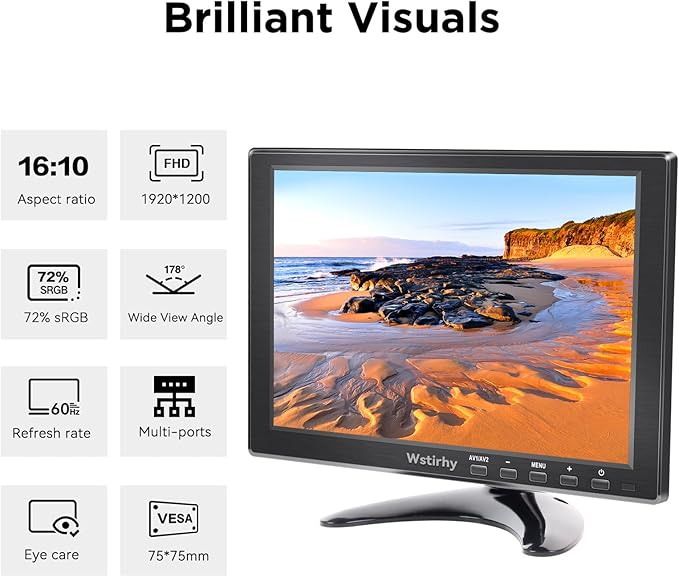 10.1 inch Small Monitor (1920x1200) 178° Screen Display with HDMI VGA AV BNC USB for PC Laptop Computer Kitchen Monitor Built-in Speaker VESA Remote Control