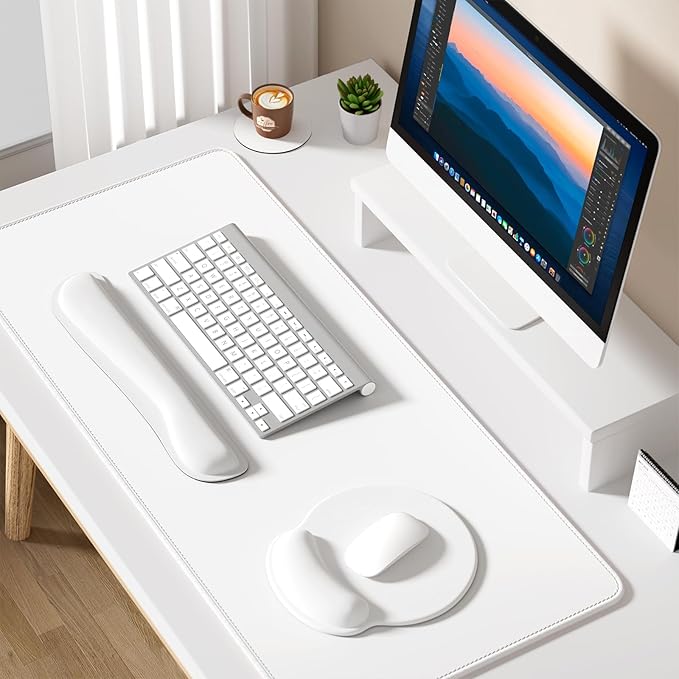 Dapesuom Large Gaming Mouse Pad White Mouse Pads with Wrist Rest Wrist Support 4in1 Big XXL Desk Mat Desk Pad + Ergonomic Mousepad + Memory Foam Keyboard Mat Wrist Rest + Coaster Set for Computer
