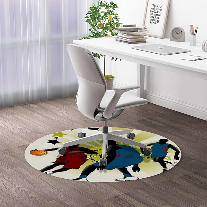 Black Green PU Leather Office Chair Mat for Hardwood Floor Anti-Slip Desk Chair Mat Basketball Player Silhouette Desk Chair Mats Low-Pile Carpet Anti-Slip Floor Protector Rug Diameter 35.4 in