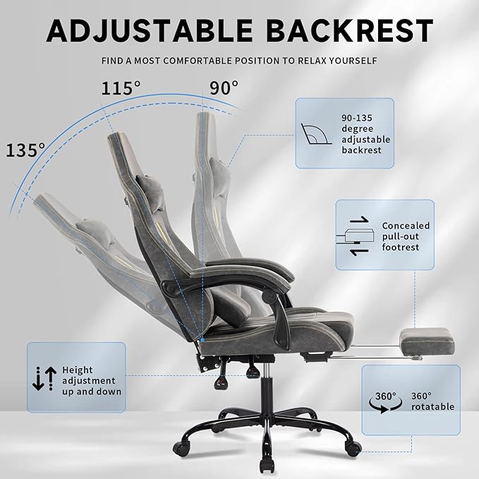 Premium Grey Gaming Chair - Ergonomic Video Game Chair with Massage Lumbar Support &amp Adjustable Footrest PU Leather Racing Seat for Adults