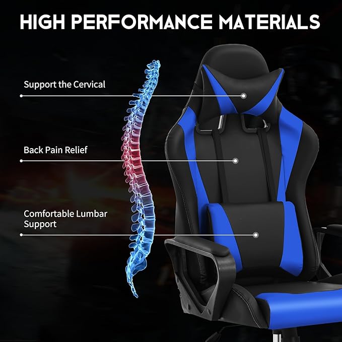 BLKMTY Gaming Chair Video Game Ergonomic Office Racing Computer PU Leather Chair - High Back Executive Task with Lumbar Support Headrest Swivel Chairs Blue