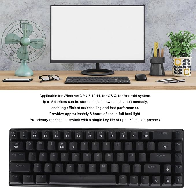 Mechanical Keyboard 2000mAh Blue Switches 3 Modes 2.4G Gaming Mechanical Keyboard for Smartphones for Tablets (Black)