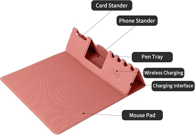 Mouse Pad with Phone Holder &amp Pen Holders Wireless Charging Desk Mat Mousepad Home Office Desk Pad with Ultra-Smooth Surface Non-Slip Base Waterproof Keyboard Pad Classic Pink Desk Mat