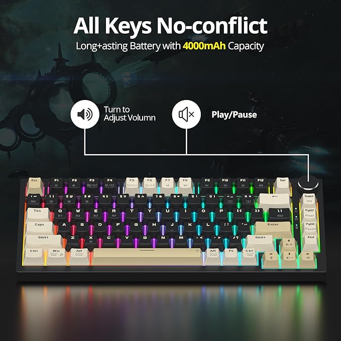 82 Keys Wireless Gaming Keyboard 75 PercentTriple Mode Bluetooth/2.4Ghz/USB Pre-lubed Hot Swappable Mechanical Keyboard w/Knob&ampSound-Absorbing Pads4000mAh Battery for Mac/Win (Black)