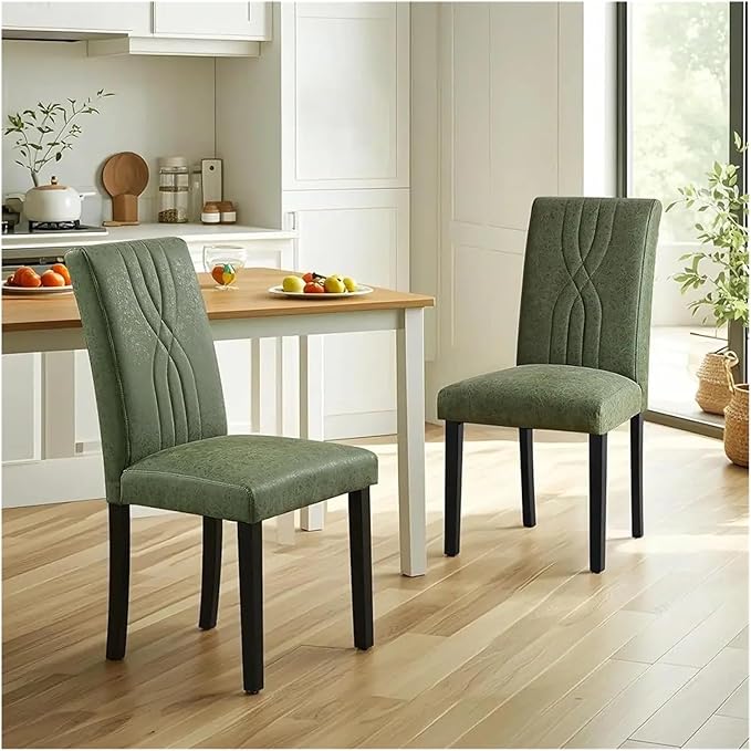 Adjustable Office Computer Chair with Armrest 1pcs Green Leather Upholstered Dining High Back Chair Solid Wood Legs for Kitchen Living Room