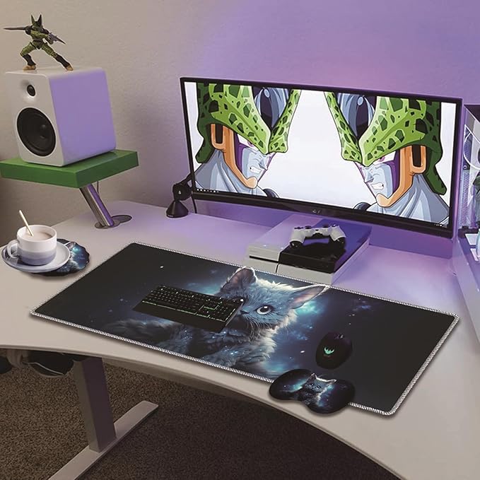 Extended Non-Slip Mouse Pad + Mouse Wrist Rest + Lace-Shaped Coaster Set Ergonomic Design Suitable for Desk and Home Gaming Table Mat Galaxy Cat