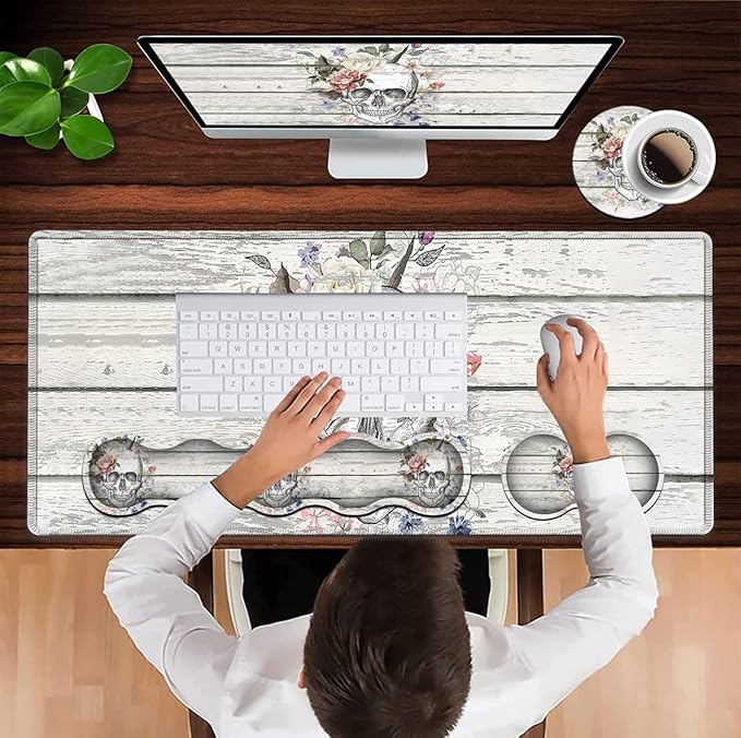 JVGFYNKL White Large Gaming Mouse Pad XXL Extended Ergonomic Memory Foam Keyboard Wrist Rest Stitched Edges Desk Mat(31.5x11.8 in) Skull Skeleton with Flowers on Vintage Wood Desktop Decoration