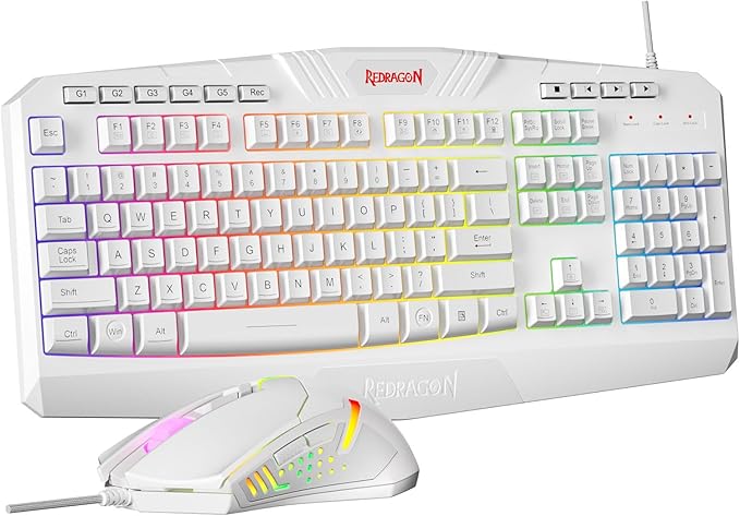 Redragon Updated Programmable Gaming Keyboard and Mouse RGB Backlit Keyboard Mouse with Software Independent Macro Record Keys Value Combo Set White - S101-3 PRO