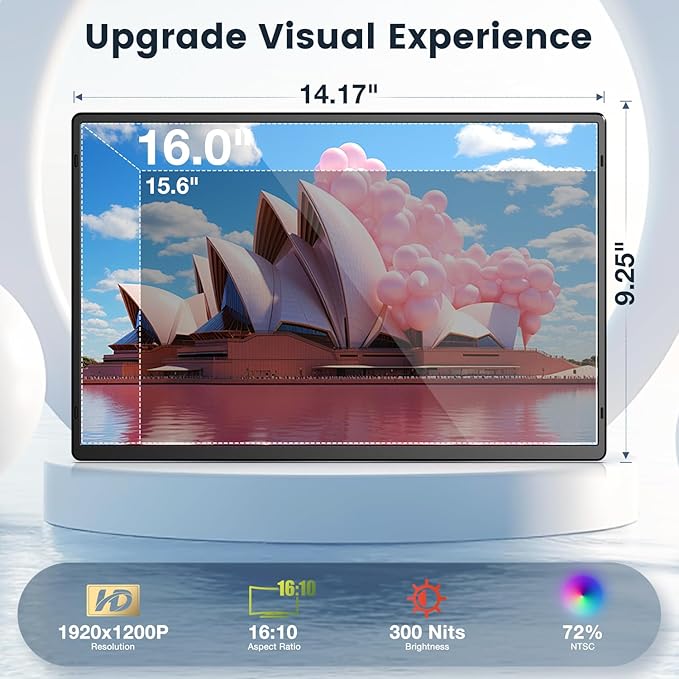 Portable Monitor 16 Inch FHD 1200P Horizontal/Vertical Monitor Plug &amp Play Built-in Speakers &amp Headphone Jack Travel Monitor for Laptop with Premium Smart Cover