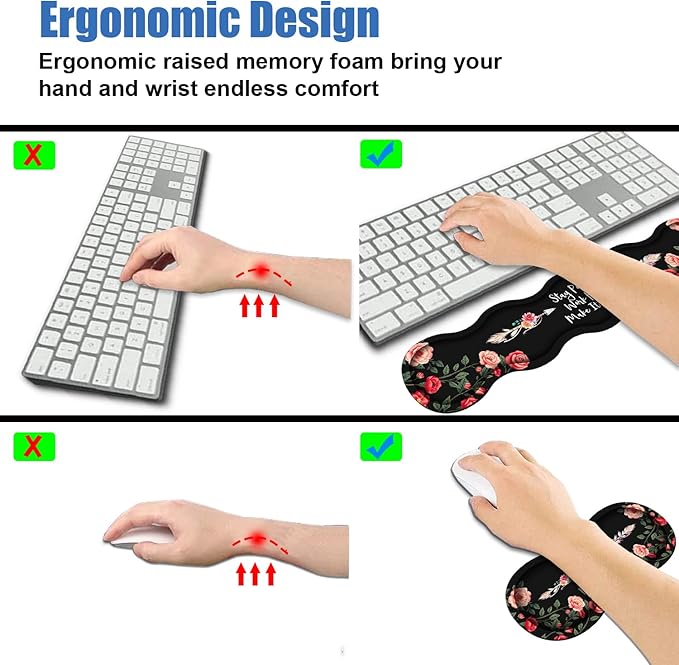 Ergonomic Memory Foam Mouse Pad Wrist Rest SetStay Positive Work Hard and Make It Happen Inspirational Quote Large Desk Pad + Keyboard Wrist Rest + Mouse Wrist Cushion + Coaster for Home Office Study