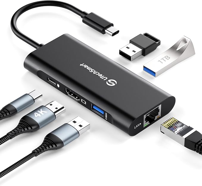 UtechSmart USB C Hub Ethernet Multiport Adapter 6 in 1 USB C to HDMI Dock Compatible for MacBook Pro/Air Chromebook Dell XPS HP and Type C Devices (Gigabit Ethernet 100W PD 4K HDMI USB 3.0) Black