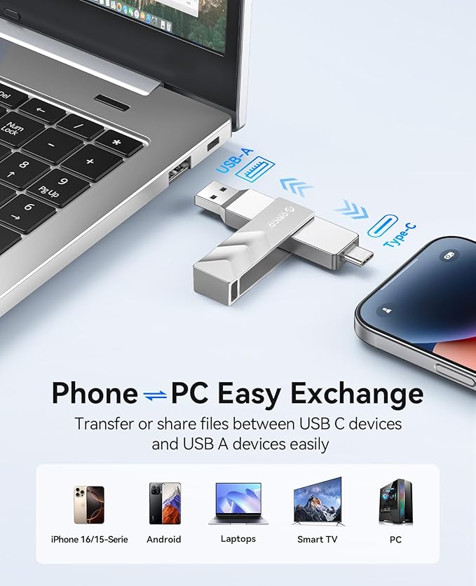 ORICO 512GB Portable Solid State Drive 1050MB/s Dual-Port Rotating Metal External SSD with 90° Click-Stop Reliable Storage for iPhone 16 17 Series Type-C Smartphone Mac Audio Vehicle - A101