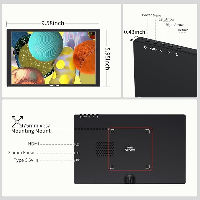 ANDYCINE N10 10.1inch 1920x1200 Touchscreen HDMI Monitor with Build-in Speakers 75mm Vesa H/V Rotation Mirror Function Support HDCP Teleprompter Monitor Compatible for for LaptopPCGame Consoles