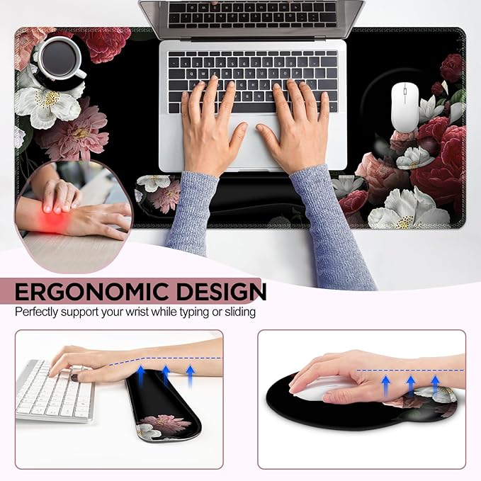 AIMSA Mouse PadLarge Black Desk Mat XXL Mousepad+Keyboard Wrist Rest+Ergonomic Mouse Wrist Rest+Coaster Set4in1 Desk Pad for Home Office Table Computer-Vintage Flower