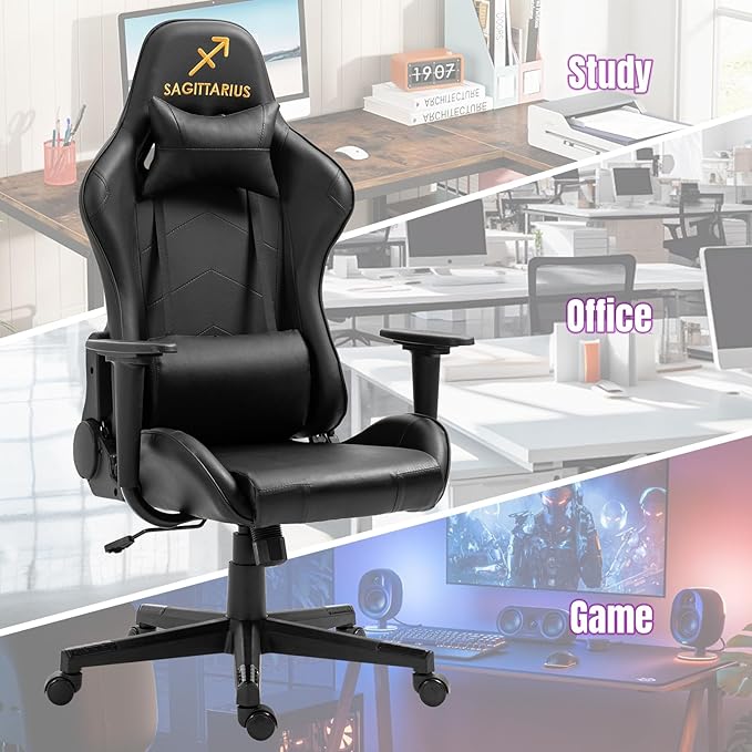 DIKEP Computer Gaming Chair Ergonomic Office Chair with Headrest and Lumbar Support PVC Leather Adjustable Swivel Rolling Chair with Wheels Black