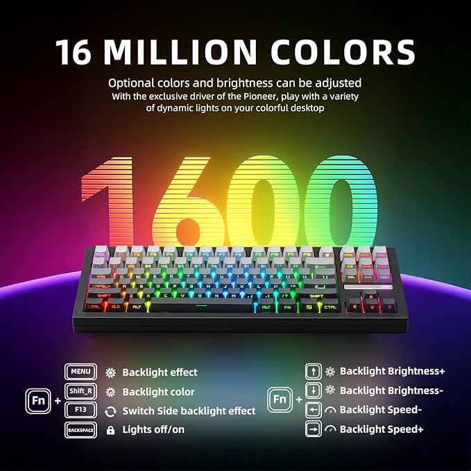 ZORNHER ZH870 Wireless Mechanical Gaming Keyboard80% Black Custom Creamy Sound Keyboard with Shine Through PBT KeycapsPre-lubed Linear SwitchesHot-SwappableRGB Backlit2.4GHz/USB-C/BT5.0