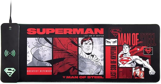 DC Comics Superman 2025 XL RGB Gaming Mat with 15W Wireless Charger | Customizable LED Anti-Slip Spill-Resistant