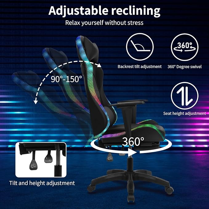 YOXIER Gaming ChairsGaming Desk Chair with Retractable Footrest350lbs Load Capacity Ergonomic Gaming ChairGaming Computer Chair with Two Bluetooth Speakers Multiple LED Light Modes Game Chair for