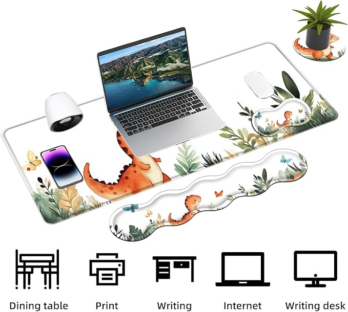 Keyboard Mouse Pad Set Extended Gaming Mouse Pad+Ergonomics Keyboard Wrist Rest Support Memory Foam Easy Typing Pain Relief 4Pcs XL Ultra Thick Desk MatCute Dinosaur Butterfly