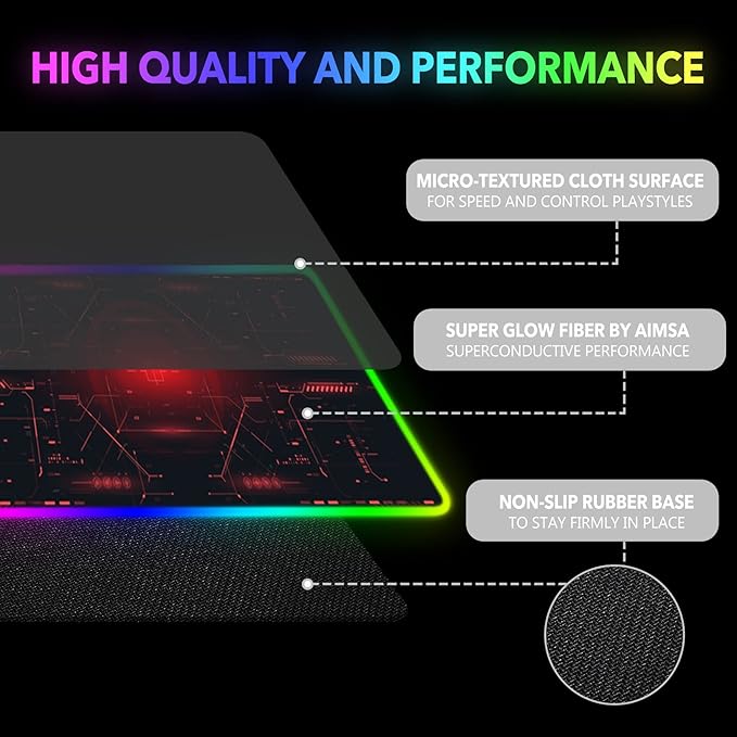 AIMSA Large Gaming Mouse Pad RGB Keyboard Led Mousepad Extended 35.4 x 15.8 inch Non-Slip Rubber Base with 14 Lighting Modes Desk Mat Red Circuit Board Motherboard