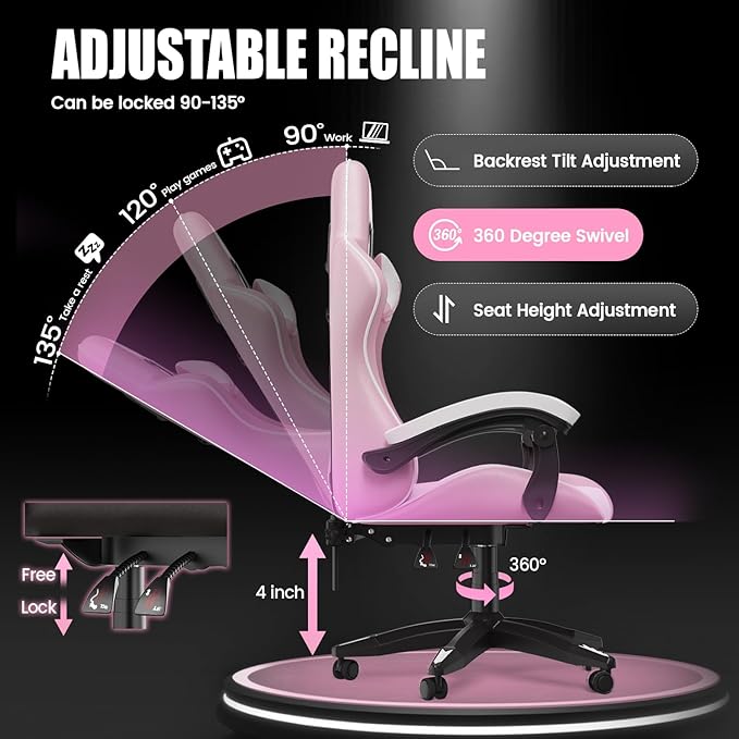 Bigzzia Gaming Chair Ergonomic Video Game Chairs with Pillow and Lumbar Support Racing Style Height Adjustable Computer Chair with 360°-Swivel Seat for Adults and Teens (Pink)