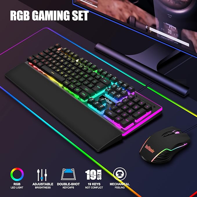 RedThunder K10 Wired Gaming Keyboard and Mouse and Wrist Rest Combo RGB Backlit Mechanical Feel Anti-ghosting Keyboard + 7D 7200 DPI Mice+Soft Leather Wrist Rest 3 in 1 PC Gamer Accessories(Black)