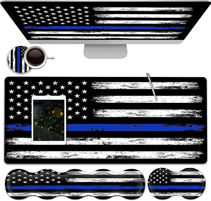 Large Gaming Mouse Pad with Stitched Edges Extended XXL Mousepad Office Desk Pad Writing Pad 31.5 x 11.8 inErgonomic Memory Foam Keyboard Wrist Rest SupportRetro Blue Line American Flag Desk Mat