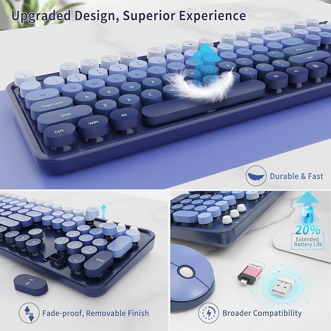 Wireless Keyboard and Mouse Combo Retro Typewriter Keyboard with Round Keycaps Full-Size Ergonomic Blue Ideal for Windows PC Home Office and College Wireless Keyboard Mouse Combo