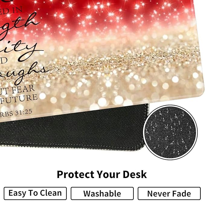 Large Gaming Mouse Pad Keyboard Wrist Rest + Mouse Wrist Pad + Coaster Combination Set Memory Sponge Non-Slip Base. Suitable for Office and Home Red Glitter Quote Proverbs 31-25