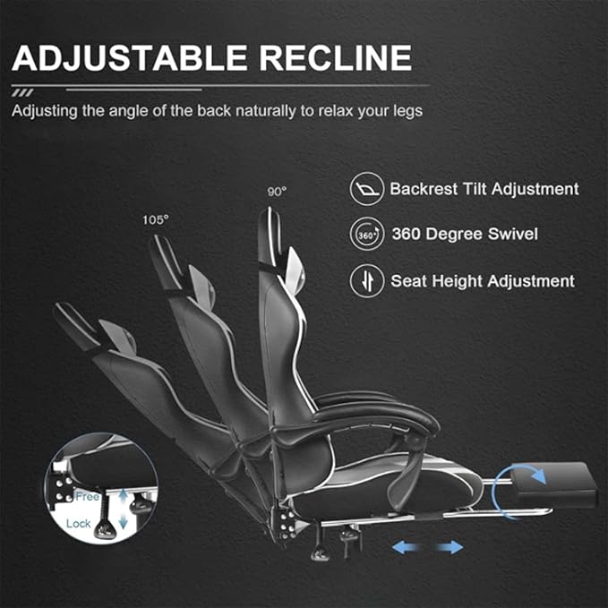 TBQATNTS Ergonomic Video Game Chair With MassageComputer Chair With Footrest And Lumbar SupportGaming Chair With SpeakersLed LightsSeven Point MassageAdjustable ArmrestFor Office Or GamingBlack