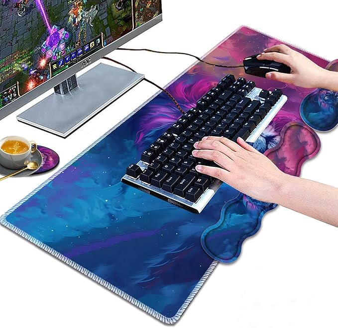 Large Gaming Mouse Pad Keyboard Wrist Rest Pad + Mouse Wrist Pad + Coaster 4 in 1 Set Extended Waterproof Non-Slip Desk Mat Suitable for Office Home Learning Games Blue and Purple Lion
