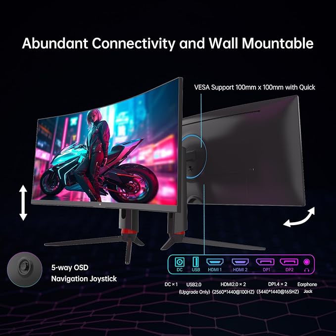 KTC 34 Inch Curved Ultrawide Gaming Monitor 21:9 3440x1440p 165Hz 1ms 1500R Curved Monitor Freesync G-sync Compatible HDMI 2.0 x2 &amp DP1.4 x 2 Height/Tilt/Swivel/Pivot H34S18S (Renewed)
