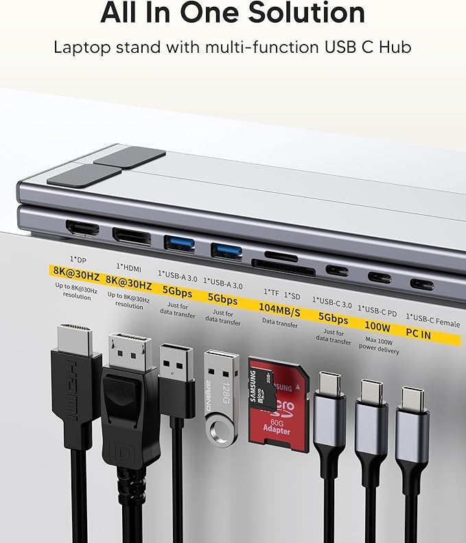 USB C Laptop Docking Station Stand Dual Monitor Single 8K for Windows DP 1.4 or Dual 4K for Win and Mac 9 in 1 USB C Hub with HDMI+DP 2*USB 3.0 PD 100W USB C 3.0 SD/TF Universal Dock Station