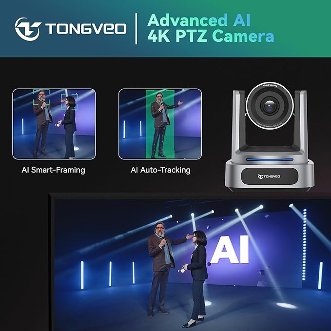 TONGVEO 4K AI PTZ Camera with 10X Optical Zoom &amp Bluetooth Conference Speakerphone Auto Tracking Video Conferencing System with 360° Voice Pickup HDMI USB Webcam for Church Zoom Teams