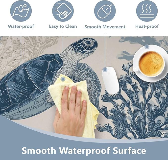 Mouse Pad Desk Mat Leather Desk Pad Large Gaming Desk Cover Protector Mat for Keyboard Computer Laptop Office Waterproof 47.2 x 23.6 Inch Beige and Blue Ocean Turtles Corals