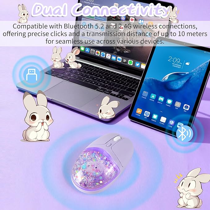Wireless Bluetooth Mouse -Cute Clear Aqua Design Glitter Liquid Sand Water Mouse with Optical Precision Silent Clicks LED Breathing LightTransparent Retro Style for Home Office (Purple)