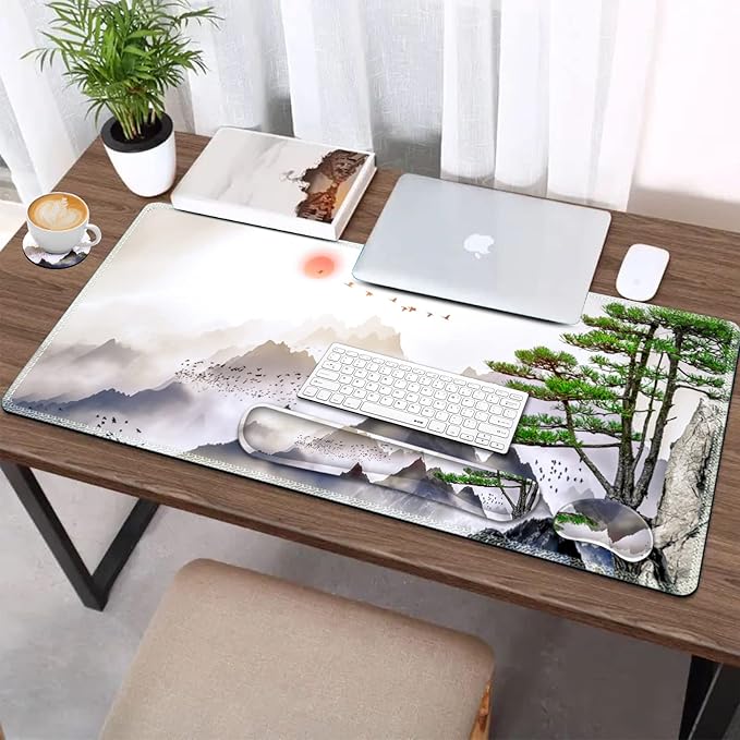 AIMSA Large Gaming Mouse Pad Set Keyboard Wrist Rest Support + Extended Mouse Pad + Mouse Wrist Cushion + Coaster Ergonomic Memory Foam Desk Mat 35x15.7in Anti-Slip Base (Pine Tree Mountains)