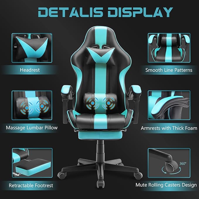 Ferghana Gaming Chairs Ergonomic Racing Style PC Game Computer Chair with Headrest Lumbar Support Adjustable Recliner PU Leather Video Computer Chair(Lake Blue)