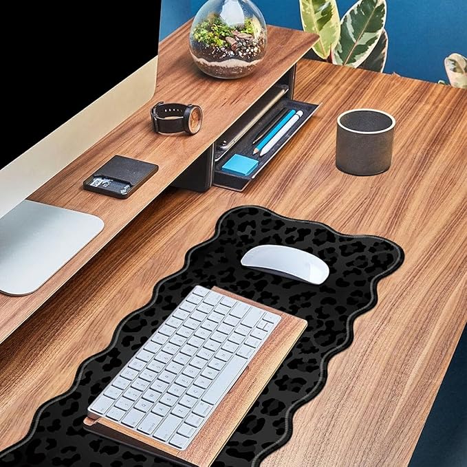 Black Leopard Print Desk Mat Mouse Pad 31.5 x11.8 XL Extended Mousepad Huge Mouse Pads with Stitched Edges Desk Pad for Work Game Office Home