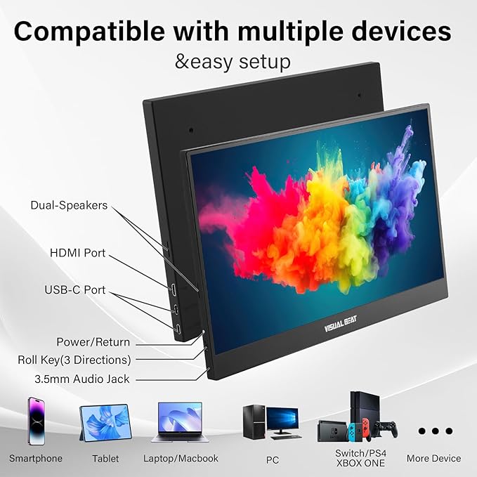 Portable Monitor 15.6'' 1080P FHD USB-C HDMI Computer Display IPS HDR VESA w/Smart Cover Dual Speakers for Laptop PC Mac Phone PS4/5 Xbox